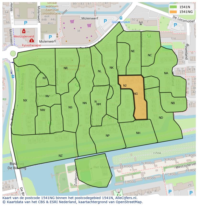 Afbeelding van het postcodegebied 1541 NG op de kaart.