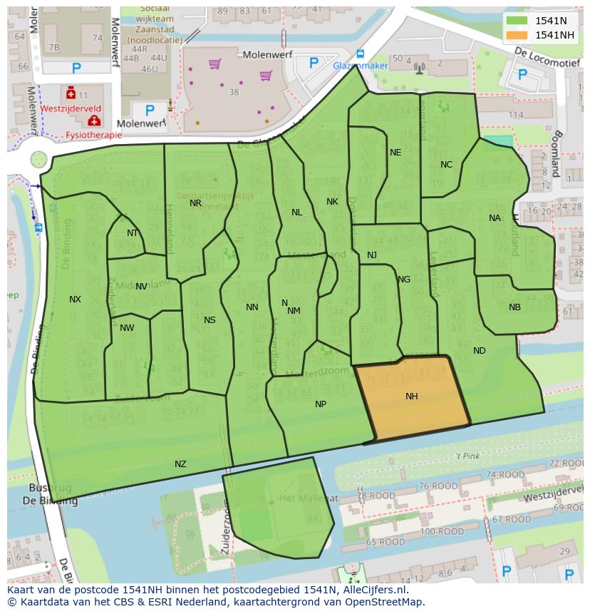 Afbeelding van het postcodegebied 1541 NH op de kaart.