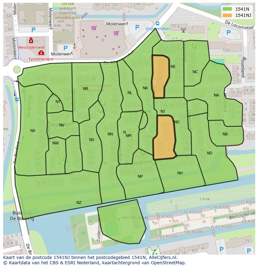 Afbeelding van het postcodegebied 1541 NJ op de kaart.