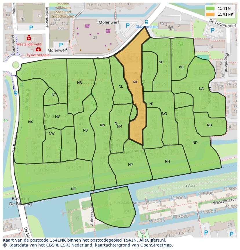 Afbeelding van het postcodegebied 1541 NK op de kaart.