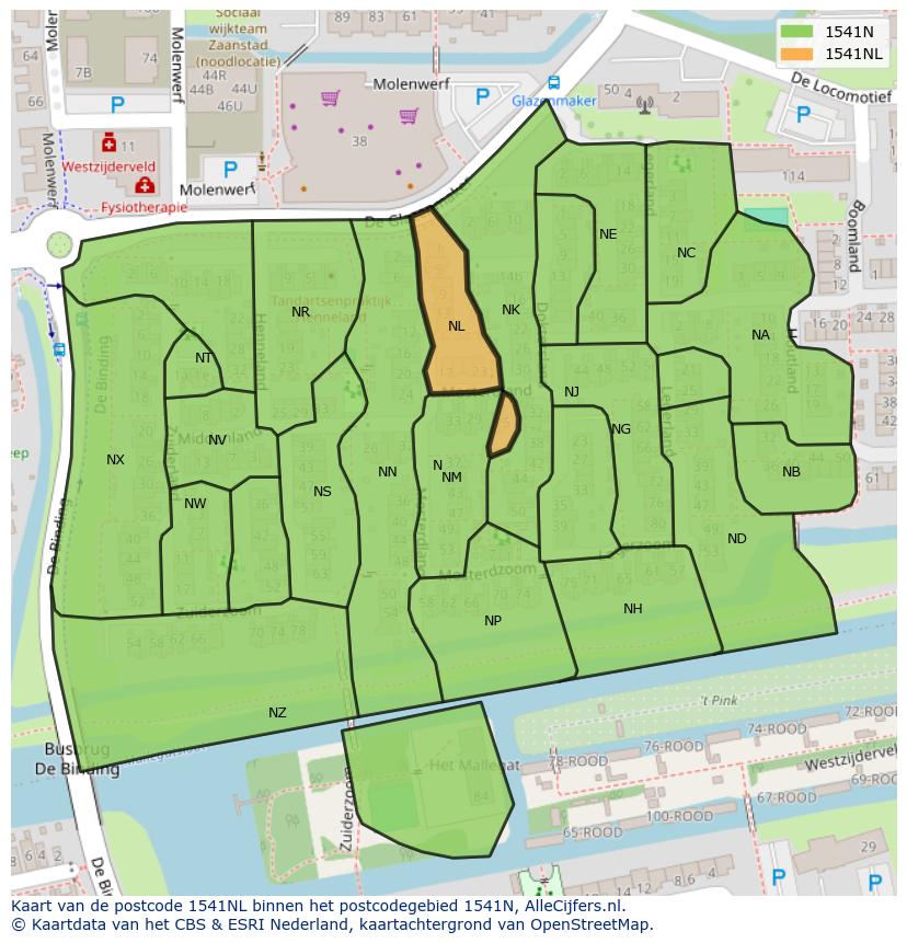 Afbeelding van het postcodegebied 1541 NL op de kaart.