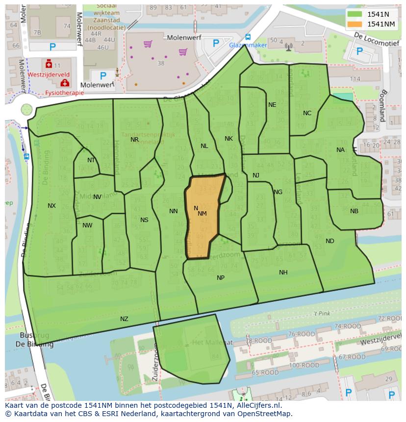 Afbeelding van het postcodegebied 1541 NM op de kaart.