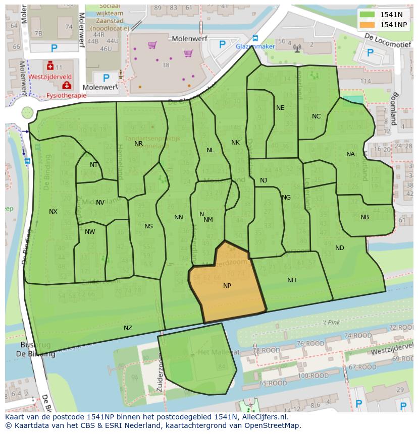 Afbeelding van het postcodegebied 1541 NP op de kaart.