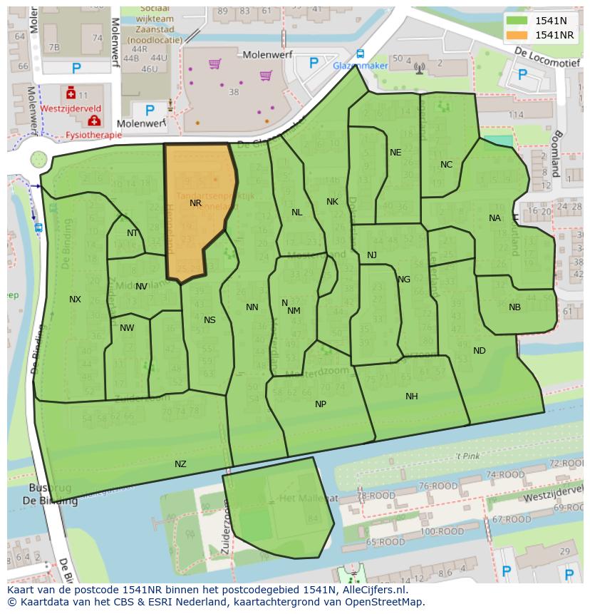 Afbeelding van het postcodegebied 1541 NR op de kaart.