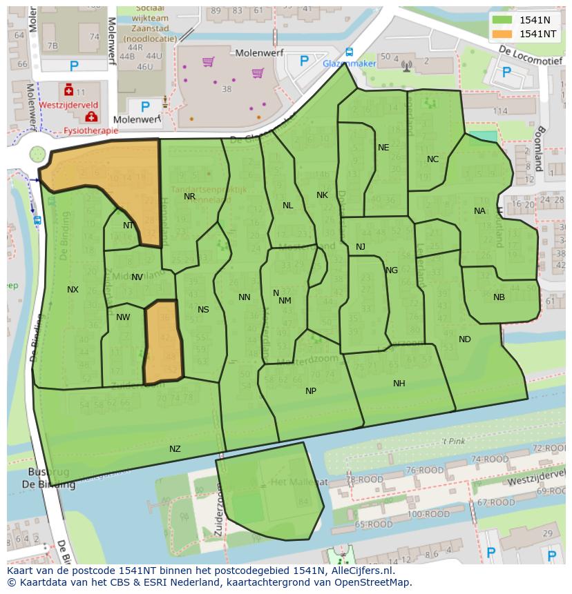 Afbeelding van het postcodegebied 1541 NT op de kaart.