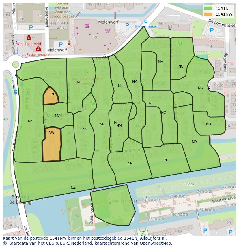 Afbeelding van het postcodegebied 1541 NW op de kaart.