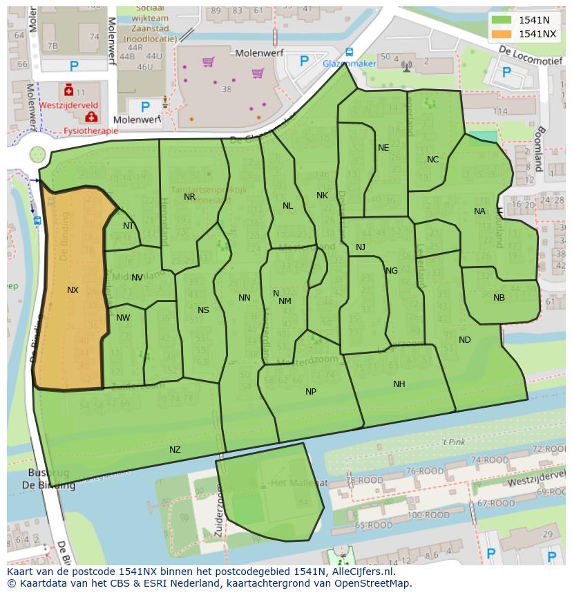 Afbeelding van het postcodegebied 1541 NX op de kaart.