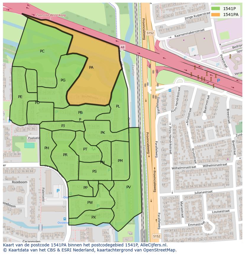 Afbeelding van het postcodegebied 1541 PA op de kaart.