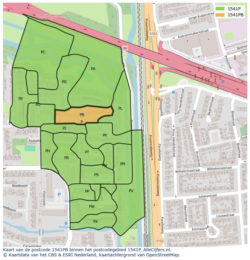 Afbeelding van het postcodegebied 1541 PB op de kaart.