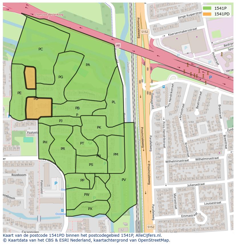 Afbeelding van het postcodegebied 1541 PD op de kaart.