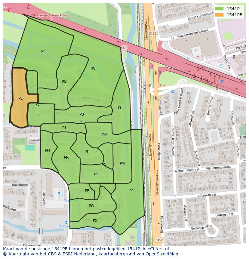Afbeelding van het postcodegebied 1541 PE op de kaart.