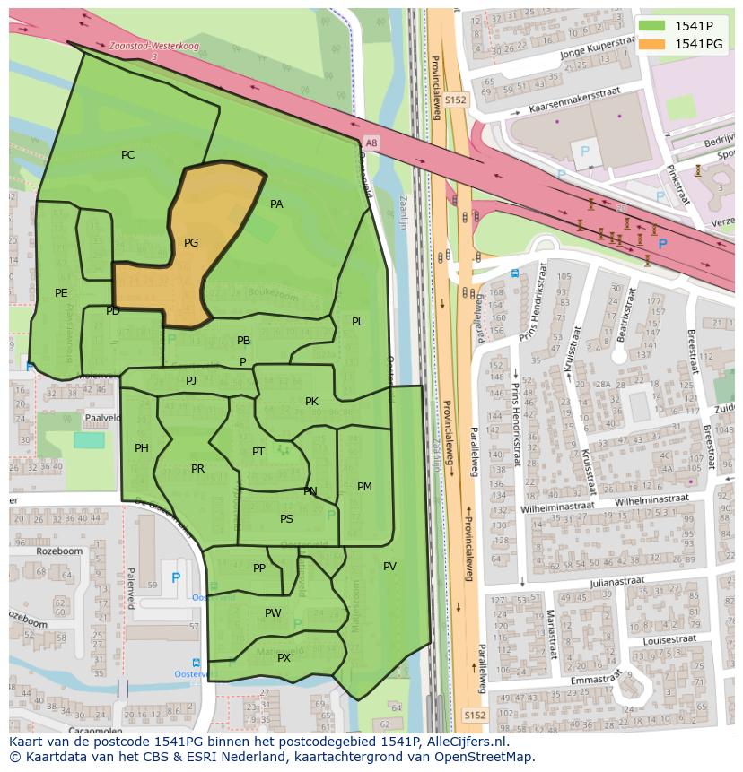 Afbeelding van het postcodegebied 1541 PG op de kaart.