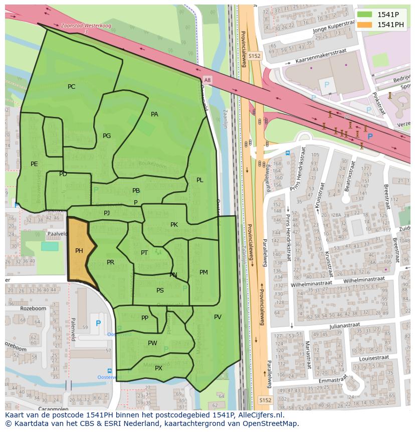 Afbeelding van het postcodegebied 1541 PH op de kaart.