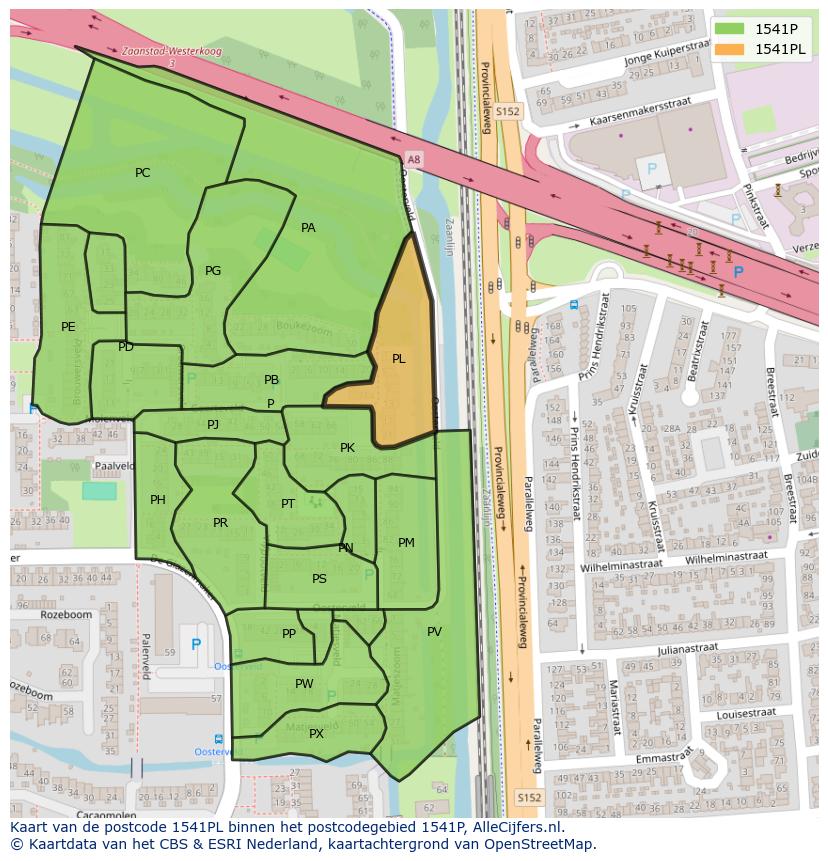 Afbeelding van het postcodegebied 1541 PL op de kaart.