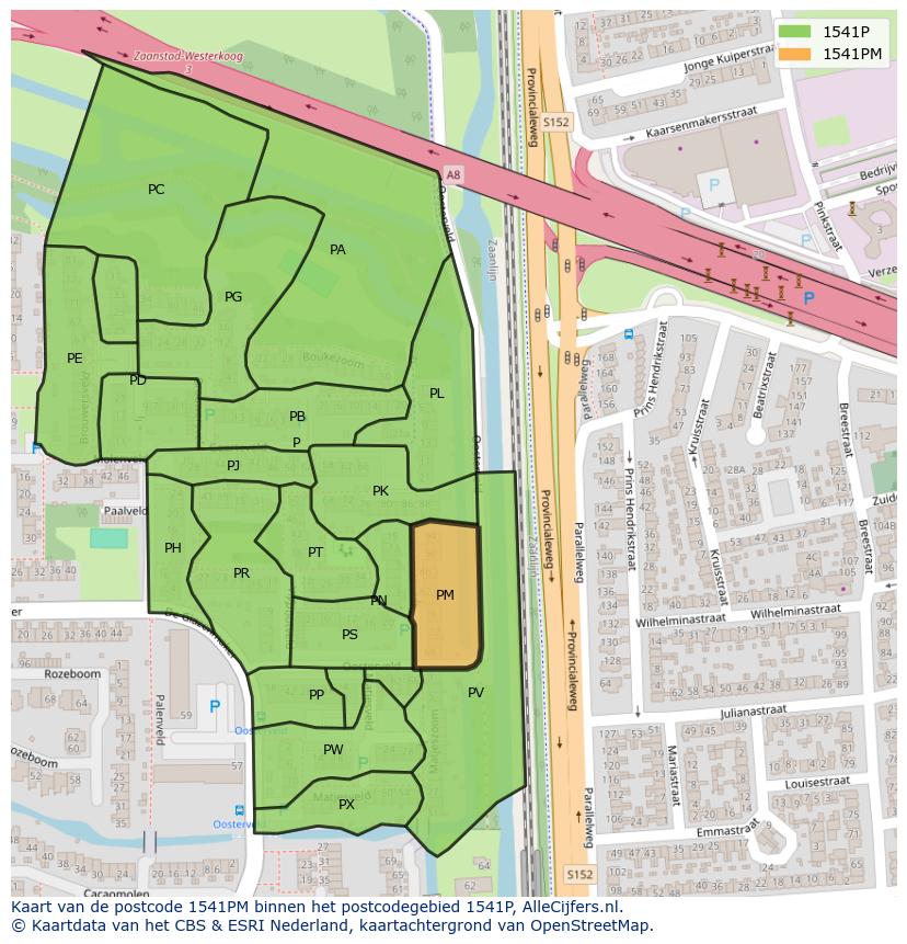 Afbeelding van het postcodegebied 1541 PM op de kaart.