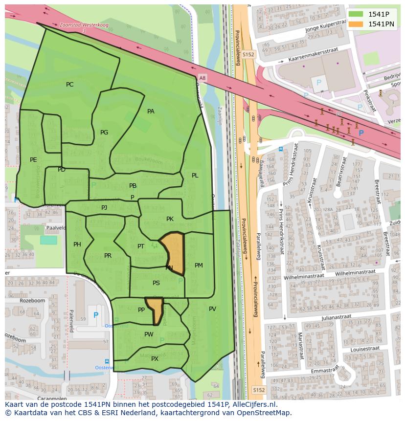 Afbeelding van het postcodegebied 1541 PN op de kaart.