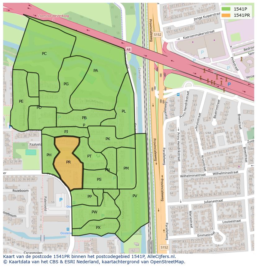 Afbeelding van het postcodegebied 1541 PR op de kaart.