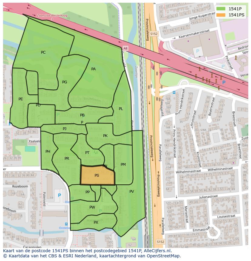 Afbeelding van het postcodegebied 1541 PS op de kaart.