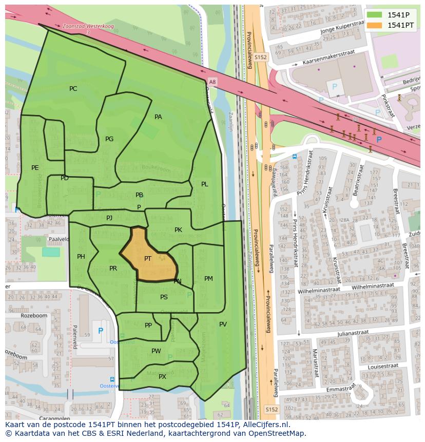 Afbeelding van het postcodegebied 1541 PT op de kaart.