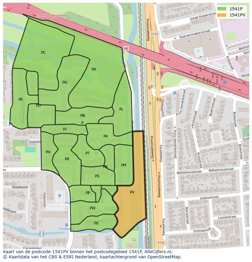 Afbeelding van het postcodegebied 1541 PV op de kaart.