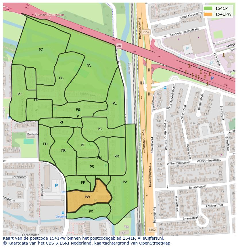 Afbeelding van het postcodegebied 1541 PW op de kaart.