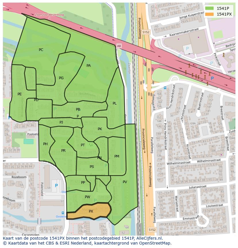 Afbeelding van het postcodegebied 1541 PX op de kaart.