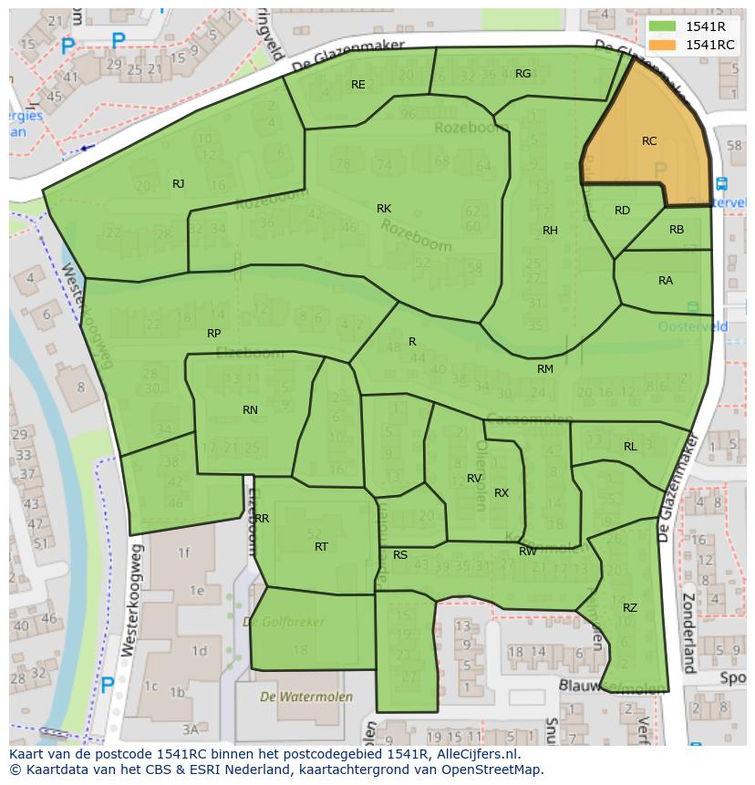 Afbeelding van het postcodegebied 1541 RC op de kaart.
