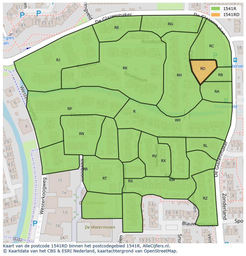 Afbeelding van het postcodegebied 1541 RD op de kaart.