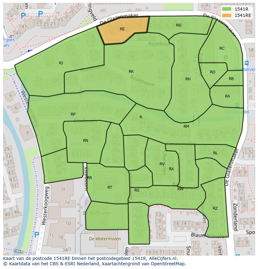 Afbeelding van het postcodegebied 1541 RE op de kaart.