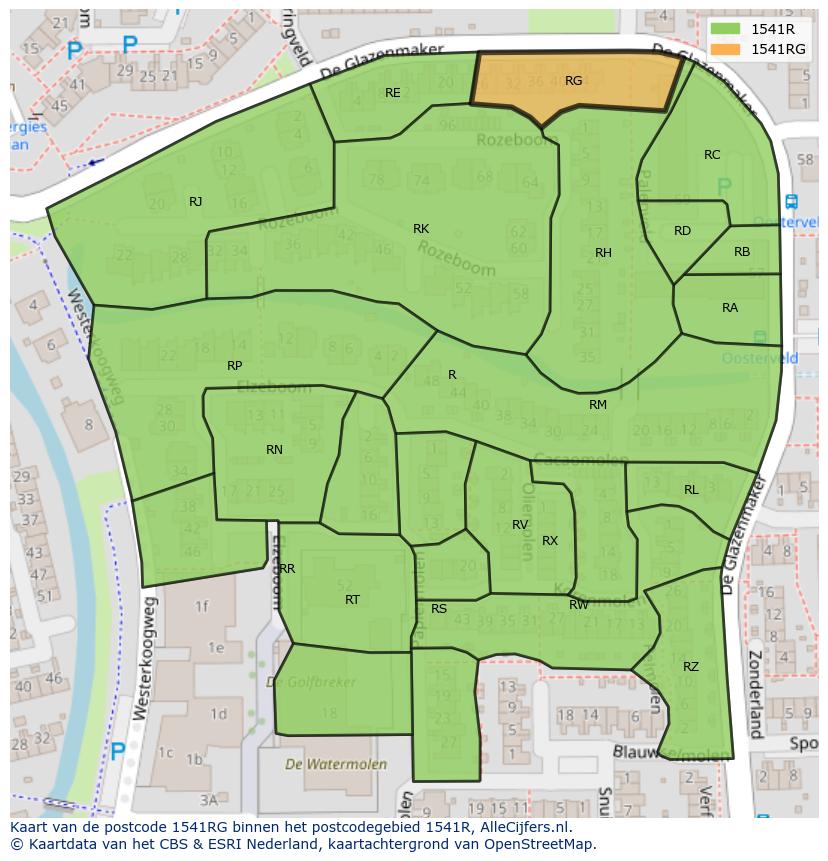 Afbeelding van het postcodegebied 1541 RG op de kaart.