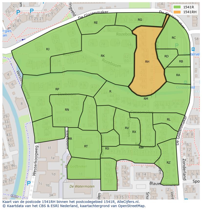 Afbeelding van het postcodegebied 1541 RH op de kaart.