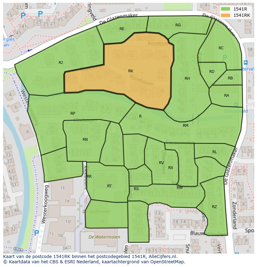 Afbeelding van het postcodegebied 1541 RK op de kaart.
