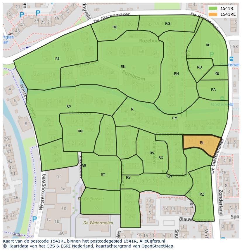 Afbeelding van het postcodegebied 1541 RL op de kaart.