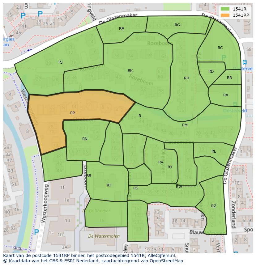 Afbeelding van het postcodegebied 1541 RP op de kaart.