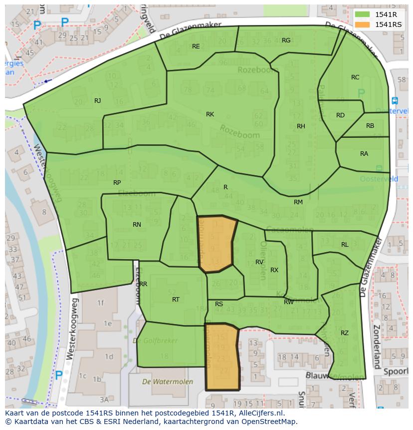 Afbeelding van het postcodegebied 1541 RS op de kaart.