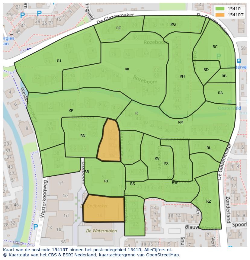 Afbeelding van het postcodegebied 1541 RT op de kaart.