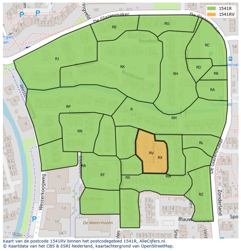 Afbeelding van het postcodegebied 1541 RV op de kaart.