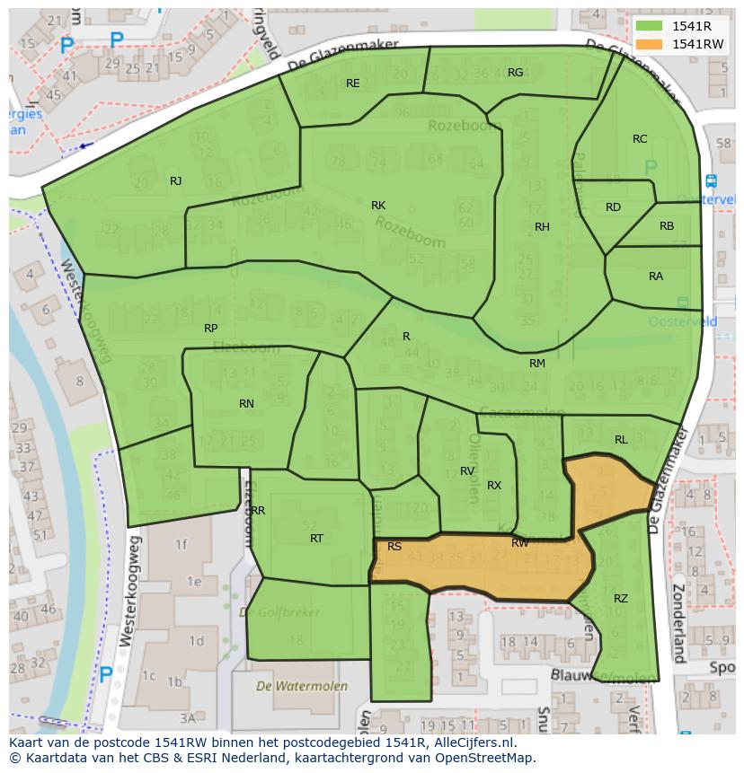 Afbeelding van het postcodegebied 1541 RW op de kaart.
