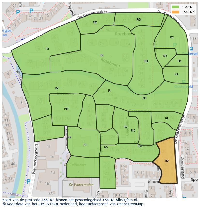 Afbeelding van het postcodegebied 1541 RZ op de kaart.