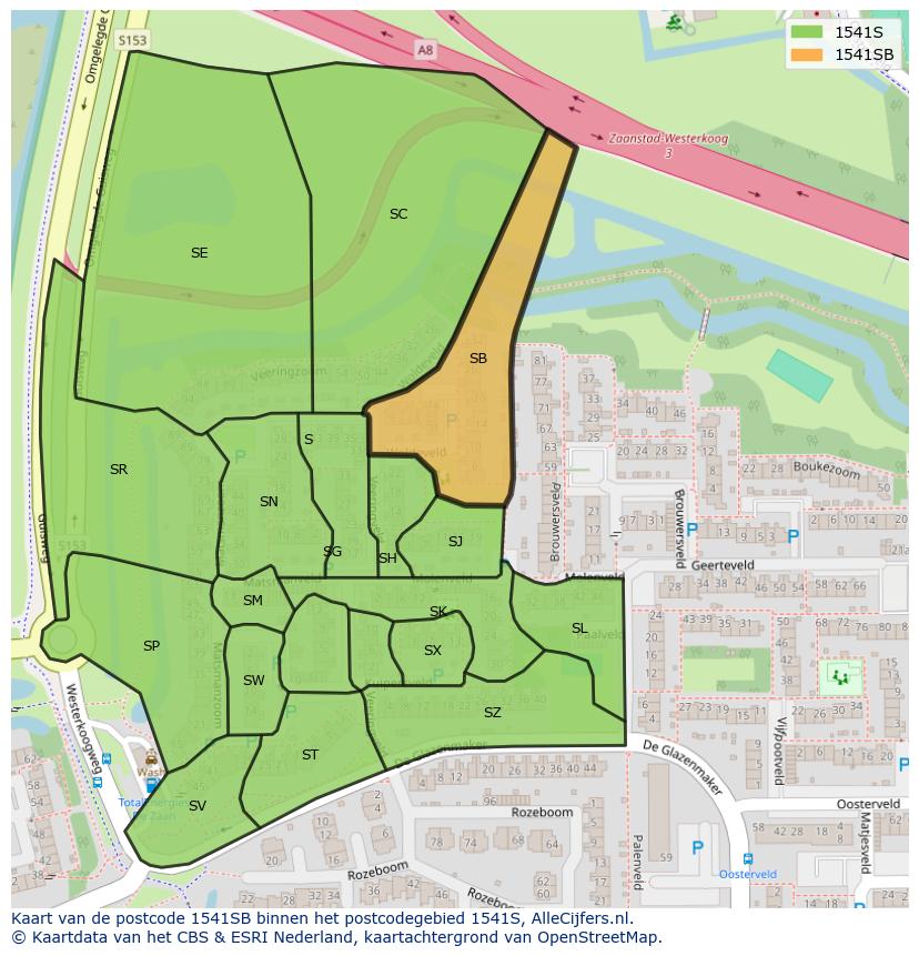 Afbeelding van het postcodegebied 1541 SB op de kaart.