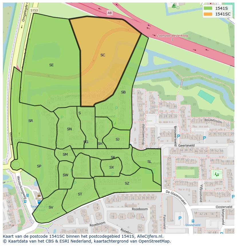 Afbeelding van het postcodegebied 1541 SC op de kaart.