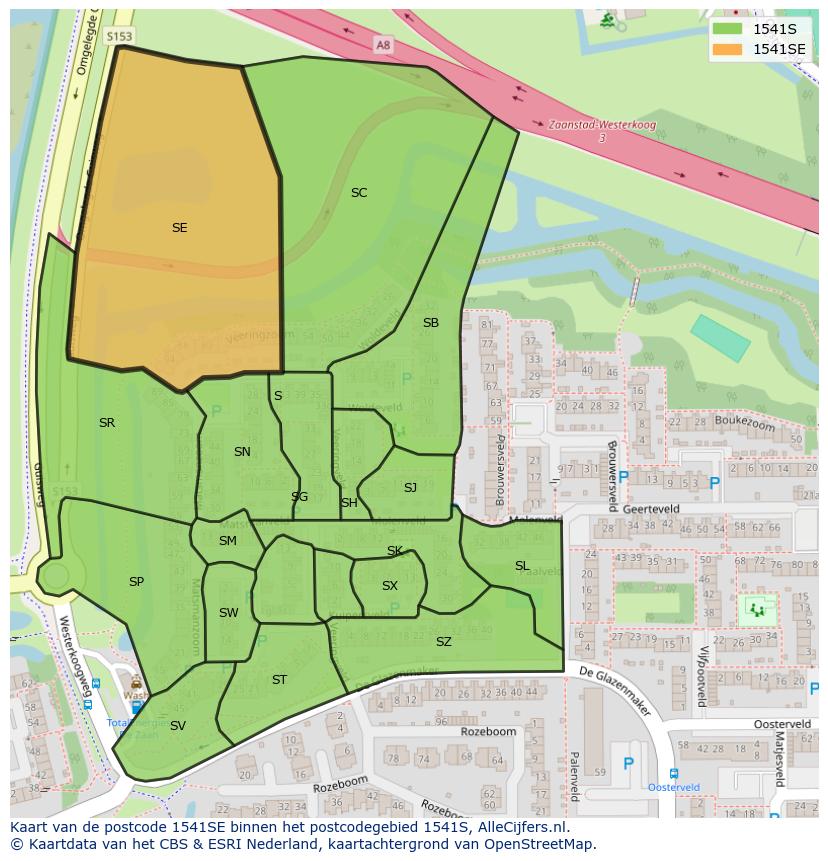 Afbeelding van het postcodegebied 1541 SE op de kaart.