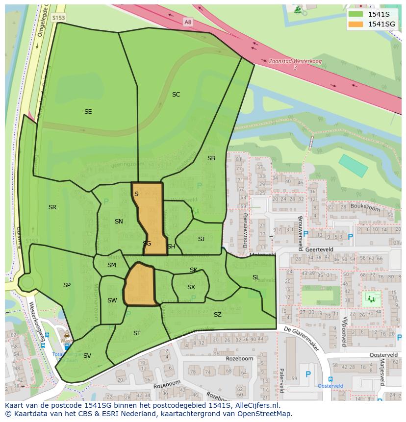 Afbeelding van het postcodegebied 1541 SG op de kaart.