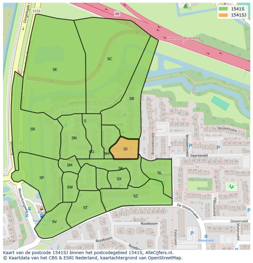 Afbeelding van het postcodegebied 1541 SJ op de kaart.
