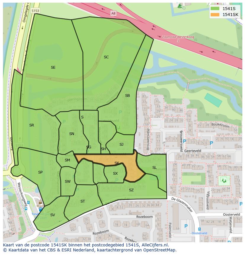 Afbeelding van het postcodegebied 1541 SK op de kaart.