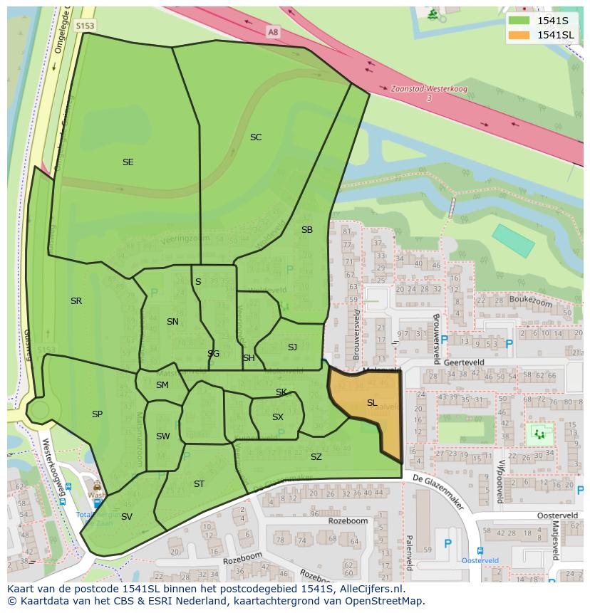 Afbeelding van het postcodegebied 1541 SL op de kaart.