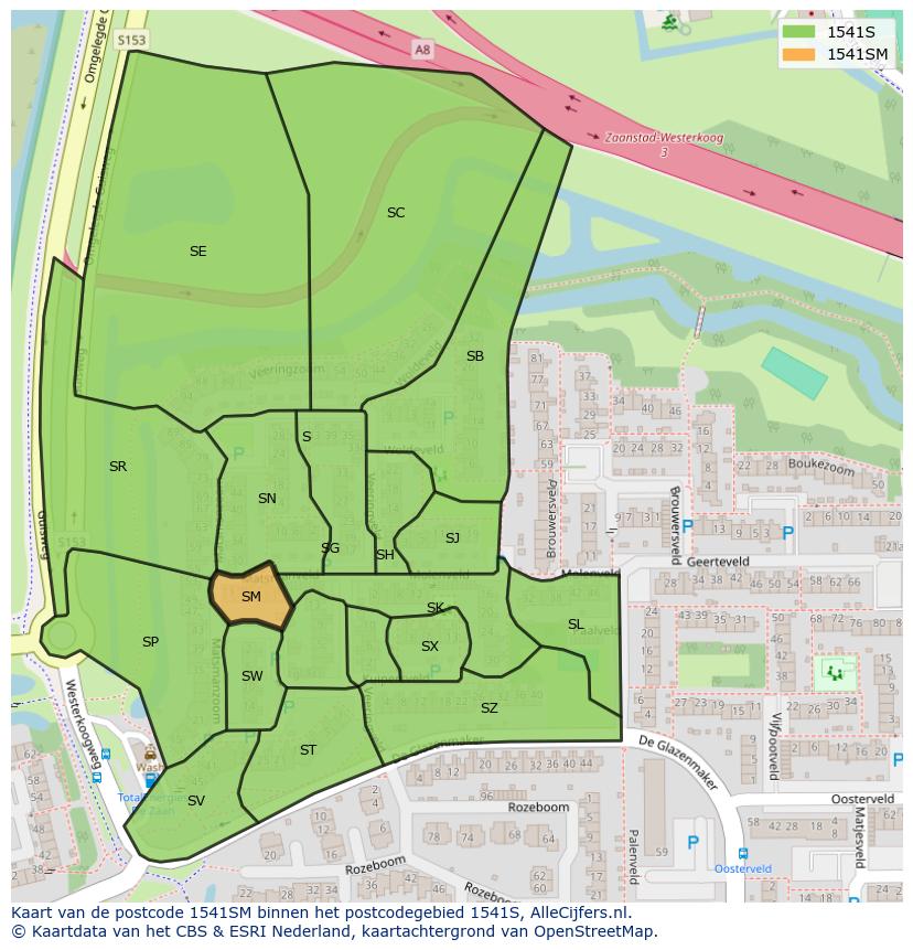 Afbeelding van het postcodegebied 1541 SM op de kaart.