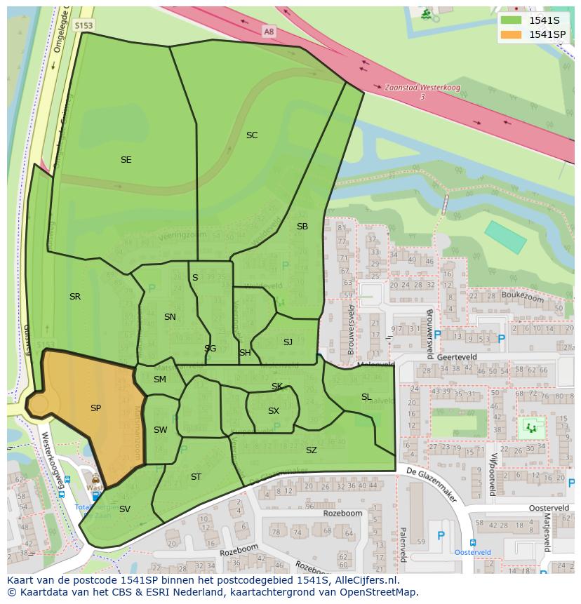 Afbeelding van het postcodegebied 1541 SP op de kaart.