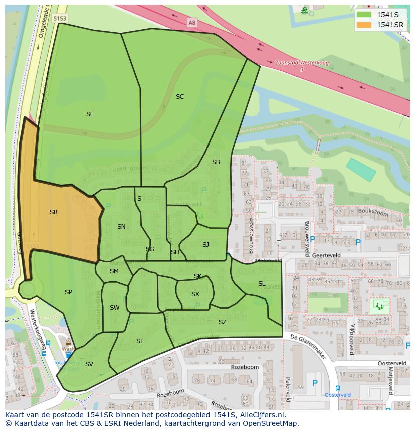 Afbeelding van het postcodegebied 1541 SR op de kaart.