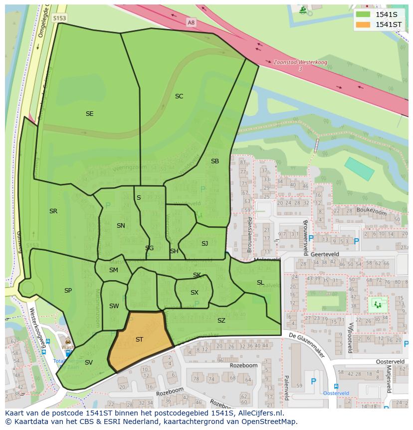 Afbeelding van het postcodegebied 1541 ST op de kaart.